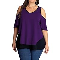 AMCLOS Womens Plus Size Tops Cold Shoulder V Neck T Shirt Short Sleeve Summer Casual Tunic