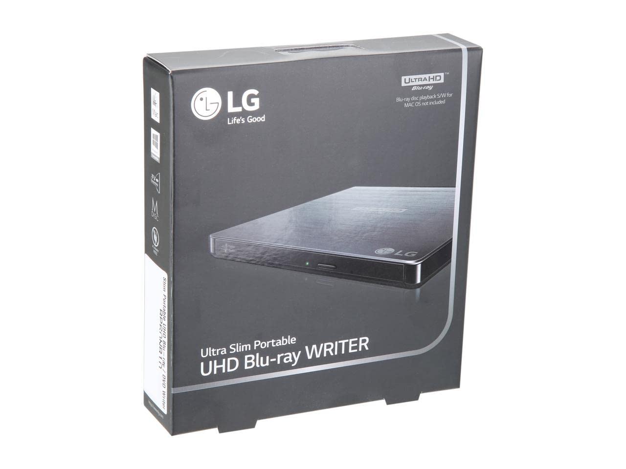 LG Electronics BP60NB10 Ultra Slim Portable UHD 4K/Blu-ray/DVD+/-RW Drive, USB 3.0 Compatible, PC Windows, Linux, Mac OS, with M-DISC support, Noise Reduction, Black