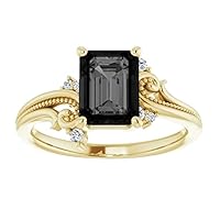 2.50 CT Vintage Floral Emerald Shape Black Diamond Ring 14k Yellow Gold, Filigree Black Engagement Ring, Nature Inspired Black Onyx Ring, Gorgeous Ring For Her