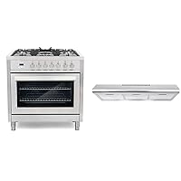 Cosmo F965 36 in. Dual Fuel Gas Range with 5 Sealed Burners, Black Porcelain Interior in Stainless Steel & COS-5MU36 36 in. Under Cabinet Range Hood Ductless Convertible Duct, 36 inch