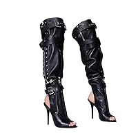 Frankie Hsu Sexy Split Type Stiletto Over The Knee Boots, Zip Classic Black Goth Thigh High Style, Big Size Motorcycle Fashion Heeled Buckle Belt Long Tall Shoes For Women