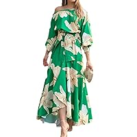 Women's Casual Boho One Shoulder Maxi Long Dress Floral Printed Lantern Sleeve Summer Ruffle Party Beach Dresses