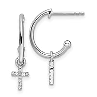 12mm White Ice 925 Sterling Silver Rhodium Plated Diamond Religious Faith Cross Dangel J hoop Post Earrings Measures 20x12mm Wide Jewelry for Women