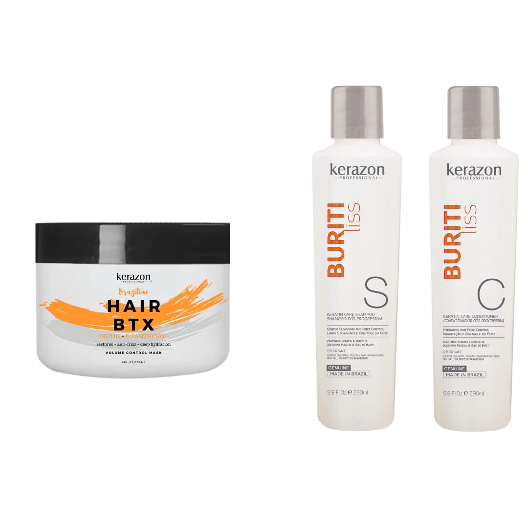 KERAZON Brazilian Hair Botox Treatment For All Hair Types + Sulfate Free and Sodium Free Shampoo & Conditioner KIT