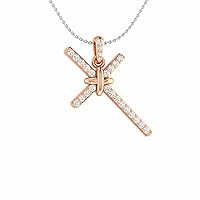 1.50Ct Round Cut White Diamond Religious Cross Pendant With Chain 925 Sterling Silver 14k Rose Gold Plated For Women & Girls