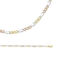 Solid 14k Yellow White Rose Gold Necklace Figaro Chain Concave Link 3 + 1 Multi Color 3.7 mm 24 inch
