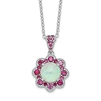 14.5mm Cheryl M 925 Sterling Silver Rhodium Plated Cabochon Lab Created Opal and Brilliant cut Red Nano Crystal Flower Necklace 18 Inch Jewelry for Women