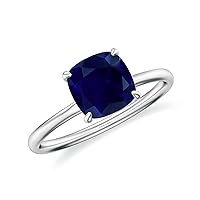 Natural Blue Sapphire Cushion Solitaire Ring for Women Girls in Sterling Silver / 14K Solid Gold/Platinum