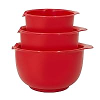 Mixing Bowls with Pour Spout, Set of 3 | Nesting Design Saves Space | Non-Slip, BPA Free, Dishwasher Safe Plastic | Kitchen Cooking and Baking Supplies, Red