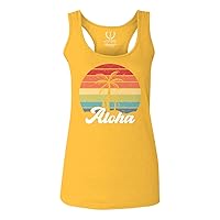Vintage Retro Sunset Aloha Beach Hawaii Hawaiian Palm surf Tree Vacation Women's Tank Top Racerback