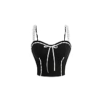 Women's Bow Tie Front Crop Top Camisole Contrast Lace Spaghetti Strap Tank Top