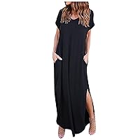 2021 Women Casual Short Sleeve O-Neck Solid Color Straight Floor-Length Dress(A)