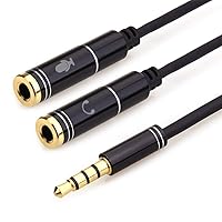 3.5mm 4 Pin Male to 2x3.5mm 3 Pin Female Headphone Converter Head Audio Splitter Adapter Cable, (Black-1Feet)