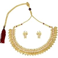 Bollywood Fashion Indian Traditional Temple Jewelry Style Gold Plated Long Ginni Necklace with Earrings Set Diwali/Christmas Gift (White)