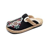 TRC Women Casual Linen Handmade Embroidery Mules Flat Slippers Retro Vegan Summer Ladies Canvas Comfortable Espadrille Shoes