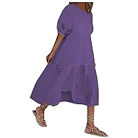 Women's 2023 Casual Summer Maxi Dress Puff Sleeve Solid Color Loose Crew Neck Flowy Swing Boho Beach Sun Dress