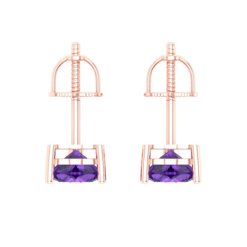 0.9ct Heart Cut Solitaire Natural Amethyst Unisex Designer Stud Earrings Solid 14k Rose Gold Screw Back conflict free Jewelry