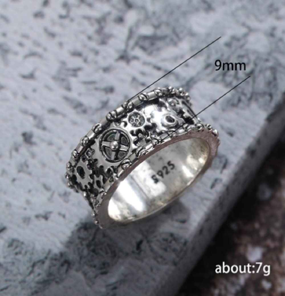 Awmnjtmgpw 925 Sterling Silver creative gear Steampunk mechanical Ring Vintage men's and women's personalized fashion ring size 6-10
