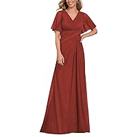 V Neck Mother of The Bride Dresses Ruffle Sleeves Chiffon Long Formal Evening Gowns Party Dress LYQ48