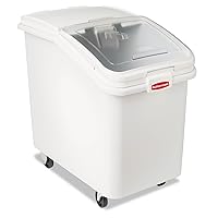 Rubbermaid Commercial Products ProSave Shelf-Storage Ingredient Bin With Scoop, 600-cup capacity, Plastic, White, Sliding Lid, Container with Wheels for Kitchen/Restaurant Food Organization