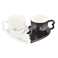 Koythin 2-Piece Ceramic Coffee Mug, Creative Couple Cup with Heart Saucer, Novelty Coffee Cup with Comfortable Grip for Office and Home, 6.5oz for Tea Latte Milk (Letter-Black and White)