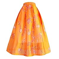 Summer Woman Clothing Korean Red Pink Bright Flower Floral Print High Waist Pleated Long Tulle Midi Skirt
