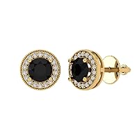 3.7 ct Round Cut Halo Solitaire VVS1 Natural Black Onyx Pair of Solitaire Stud Screw Back Earrings 18K Yellow Gold