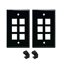 6 Port Keystone Wall Plate Glossy Black with Two Keystone Insert - Keystone Jack Wallplate for CAT7/CAT6/CAT6a/CAT5e Inserts (2-Pack)