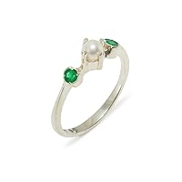 925 Sterling Silver Cultured Pearl & Emerald Womens Band Ring