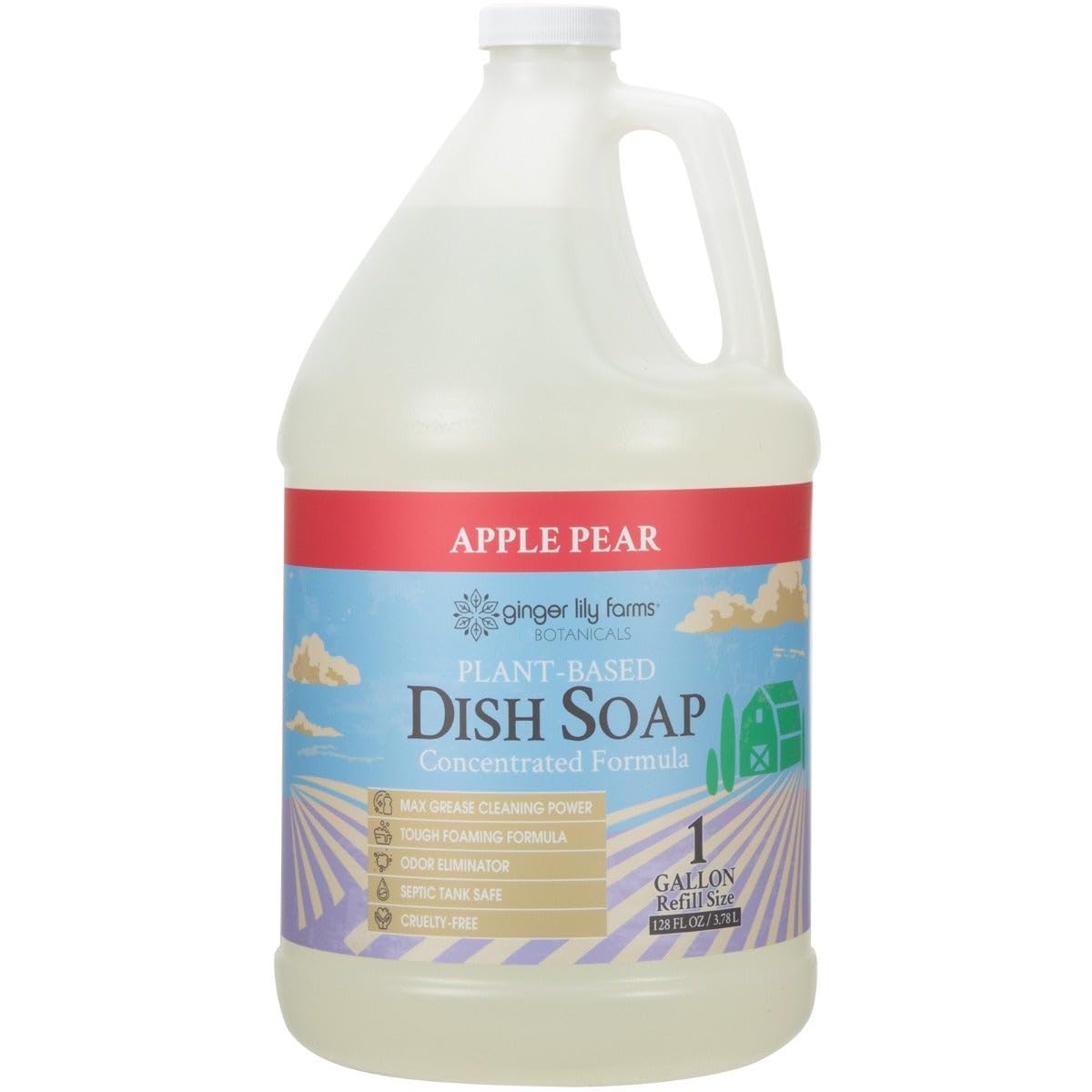 Ginger Lily Farms Botanicals Plant-Based Liquid Dish Soap, Concentrated Formula with Max Grease Cleaning Power, Cruelty-Free, Apple Pear Scent, 1 Gallon Refill (128 Fl. Oz.)