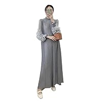 Autumn Style Long Sleeve Loose Plus Size Pleated Dress Retro Casual Neck Robe Aesthetic Clothes