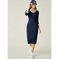 Summer Dresses for Women 2022 V Neck Split Back Bodycon Dress Dresses for Women (Color : Navy Blue, Size : Small)