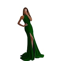 Women's Sleeveless Spandex Mermaid Bridesmaid Dresses Jewel Neckline Side Split Evening Dress Green