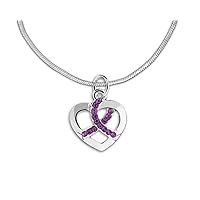 Fundraising For A Cause | Purple Ribbon Necklace – Purple Crystal Ribbon Heart Necklace for Alzheimer’s, Domestic Violence, Crohn’s, Lupus, Cystic Fibrosis, Pancreatic Cancer Awareness