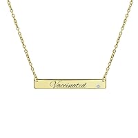 Personalized Vaccinated Horizontal Name Plated Bar Vaccination Pendant Necklaces Vaccines Shot Message Awareness Jewelry For Women 14K Gold Plated .925 Sterling Silver Birthday Month Crystal Colors