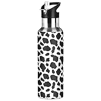 Cow Skin Print Water Bottle with Straw Lid Vacuum Insulated Stainless Steel Thermo Flask Water Bottle 20oz