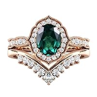 10K Vintage Emerald Engagement Ring Set 1.5 CT Art Deco Emerald Bridal Ring Set Gold Emerald Gemstone Wedding Ring Set Unique Anniversary Ring Set