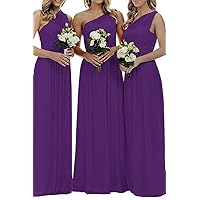 VeraQueen Women's One Shoulder Ruched Bridesmaid Dress Long Asymmetric Chiffon Wedding Party Gowns