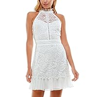 B Darlin Women's Juniors' Lace Ruffle-Trimmed Mock-Neck Dress (White, 3/4)