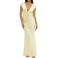 Halfisland Womens Summer Satin V Neck Cap Sleeve Backless Maxi Dress Elegant Twist Cut Out Midi Dresses Wedding Guest