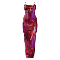 LASPIA Cowl Neck Dress Sexy Strap Shoulder Pleated Maxi Dresses Summer Wedding Guest Dresses for Women