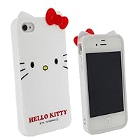 Hello Kitty Character Jacket TPU Cover for iPhone 4S/4 With Ribbon - White + Hello Kitty Home Button Stickers + Front/Back Screen Protector