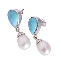 Natural Larimar & Pearl Gemstone 925 Sterling Silver Earrings Beautiful Handmade Jewellery Birthday Gift