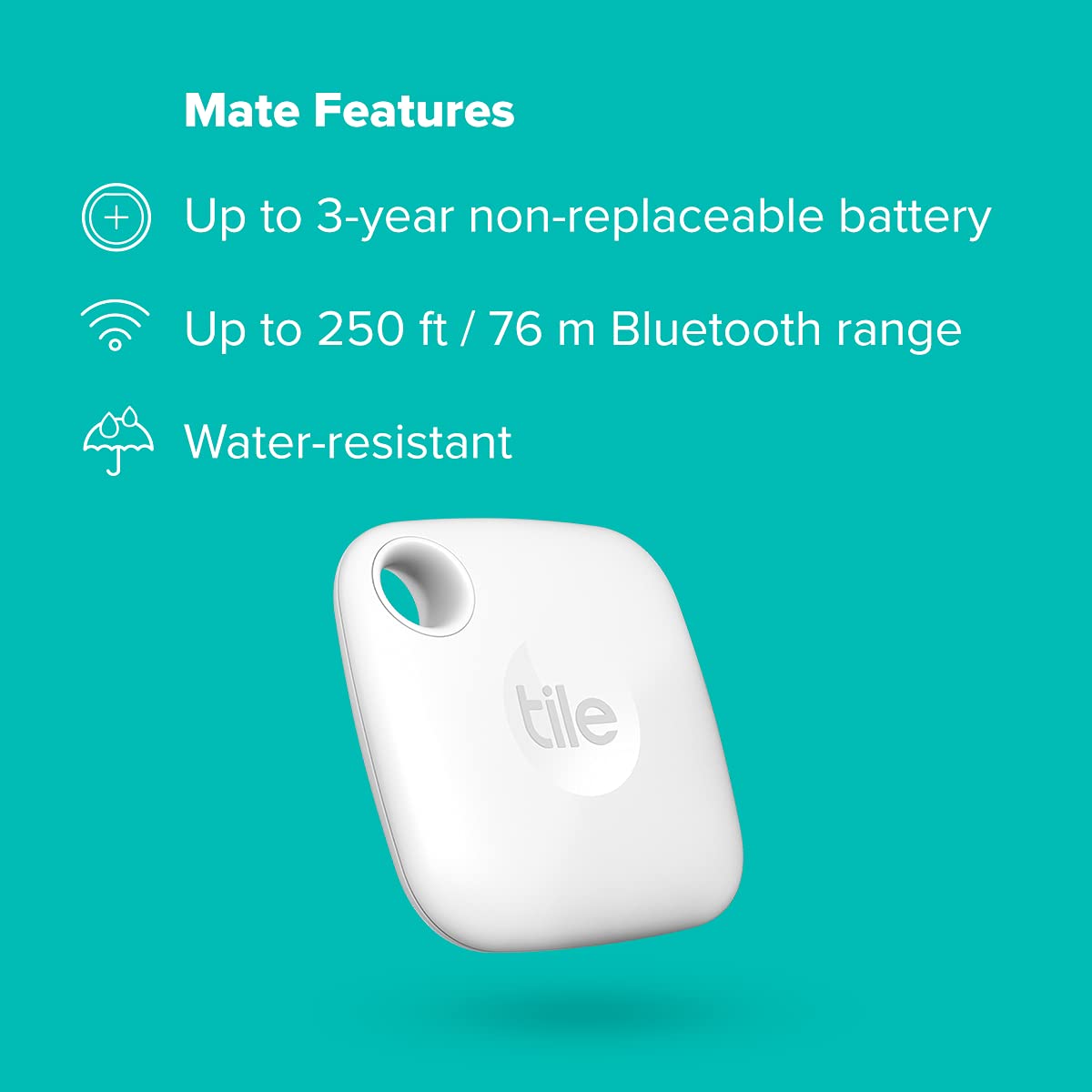 Tile Mate 1-Pack, White. Bluetooth Tracker, Keys Finder and Item Locator; Up to 250 ft. Range. Up to 3 Year Battery. Water-Resistant. Phone Finder. iOS and Android Compatible.