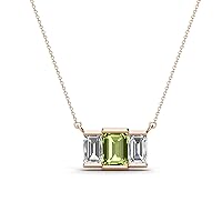 Emerald Cut (6x4 mm) Peridot & Natural Diamond 1 1/3 ctw Women Three Stone Pendant Necklace 14K Gold