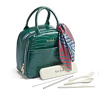 Fit & Fresh Lunch Bag for Women, Insulated Womens Lunch Bag for Work, Leakproof & Stain-Resistant Large Lunch Box for Women with Faux Croc Leather, Two Handles Croc Bag Emerald with Utensils