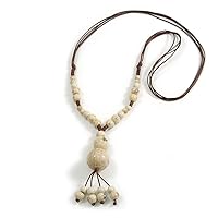 Avalaya Antique White Ceramic Bead Tassel Necklace with Brown Silk Cord/ 70-80cmL/ Adjustable