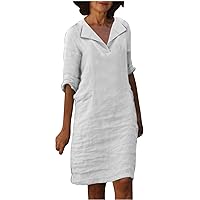 Women's Cotton Linen Dresses Casual V Neck Short Sleeve Midi Dress Summer Causal Lapel Tshirt Dresses Loose Comfy Beach Dress