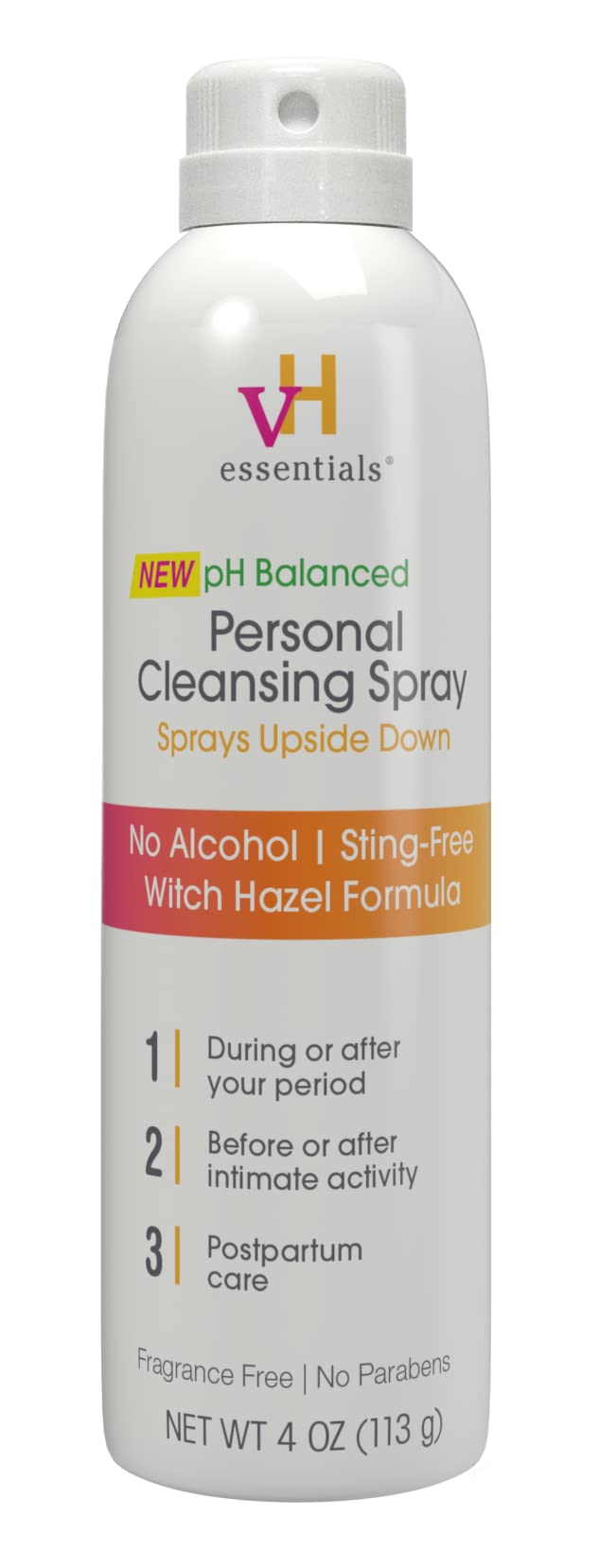 vH essentials Personal Cleansing Spray, pH Balancing Lactic Acid, Sting-Free, Witch Hazel Formula, Fragrance free, Paraben free, Sprays upside down for easy external intimate cleansing, 4 floz