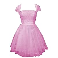 Cute Pearl A line Tulle Short Cocktail Party Prom Dresses with Cap Short Sleeves Tulle Corset 2024